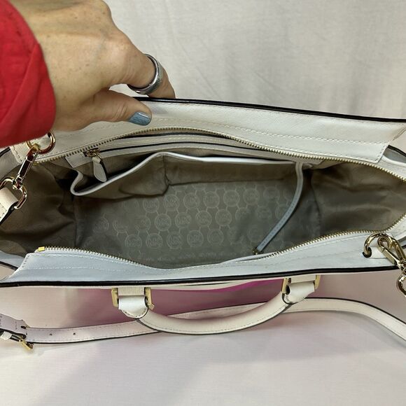MICHAEL KORS Fuschia White Leather Selma Satchel Purse Long Strap & Dbl. Handles - Picture 10 of 16